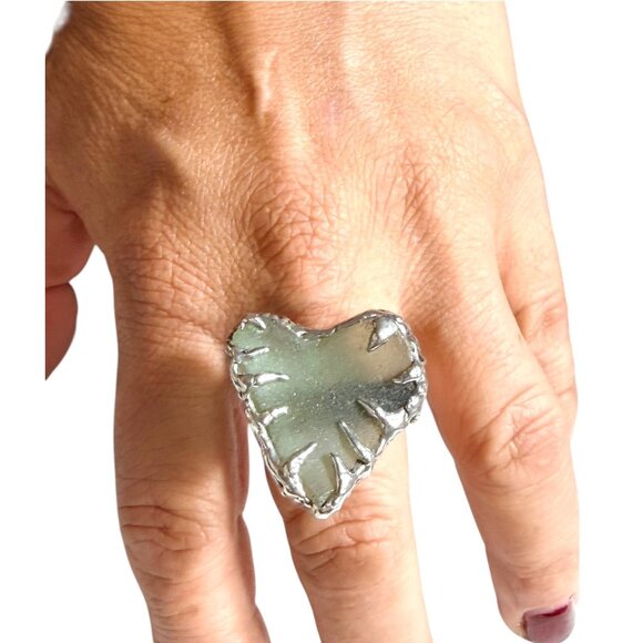 Hand Crafted Jewelry - Heart Shaped Sea Glass Ring Artisan Crafted W/ Upcycled Spoon Bowl Band Sz 7.5